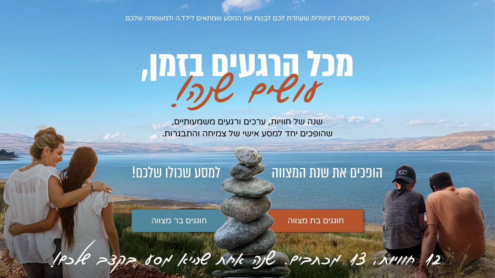 מסע משפחתי לשנת המצווה ליד הכנרת. שנה של חוויות, ערכים ורגעים משמעותיים שהופכים יחד למסע אישי של צמיחה והתבגרות. 12 חוויות, 13 מכתבים. שנה אחת שהיא מסע בקצב שלכם.
